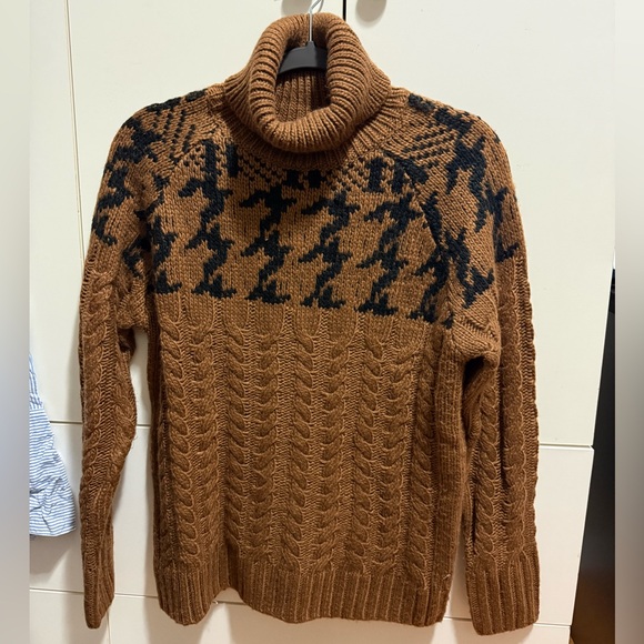 cleo Brown Cable Knit Turtleneck Sweater with Black Houndstooth Yoke - Picture 3 of 4